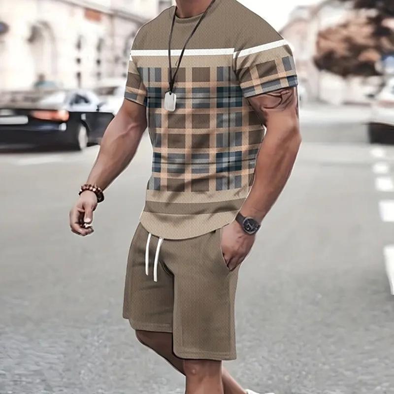Mode Herren Sportswear Kurzarm T-Shirt und Sport Shorts Sommer Casual Vintage Patchwork Anzug Herren Zweiteiler Anzug L von Joom DACH