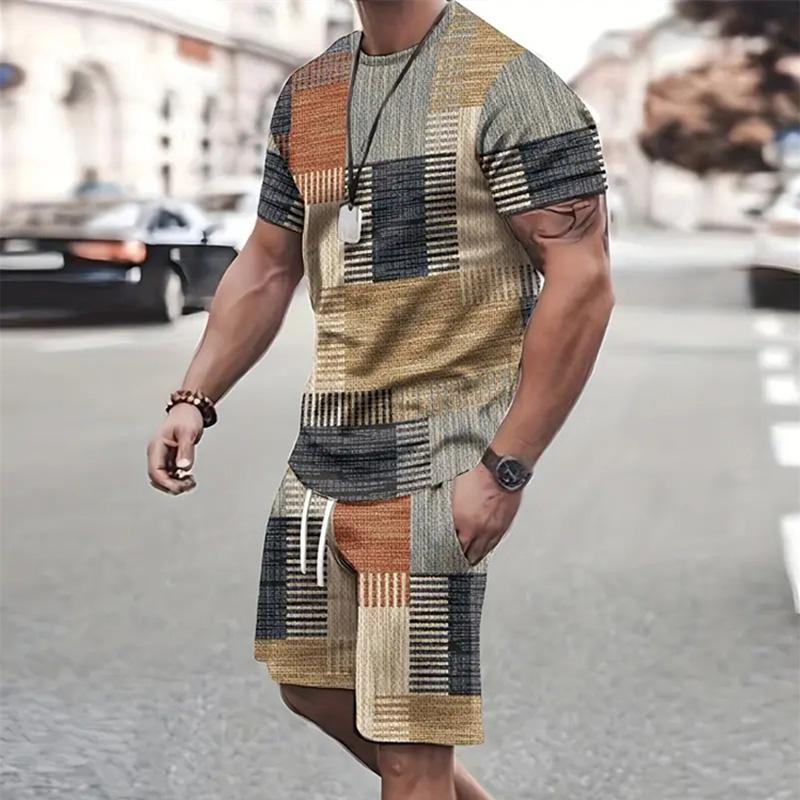 Mode Herren Sportswear Kurzarm T-Shirt und Sport Shorts Sommer Casual Vintage Patchwork Anzug Herren Zweiteiler Anzug XL von Joom DACH