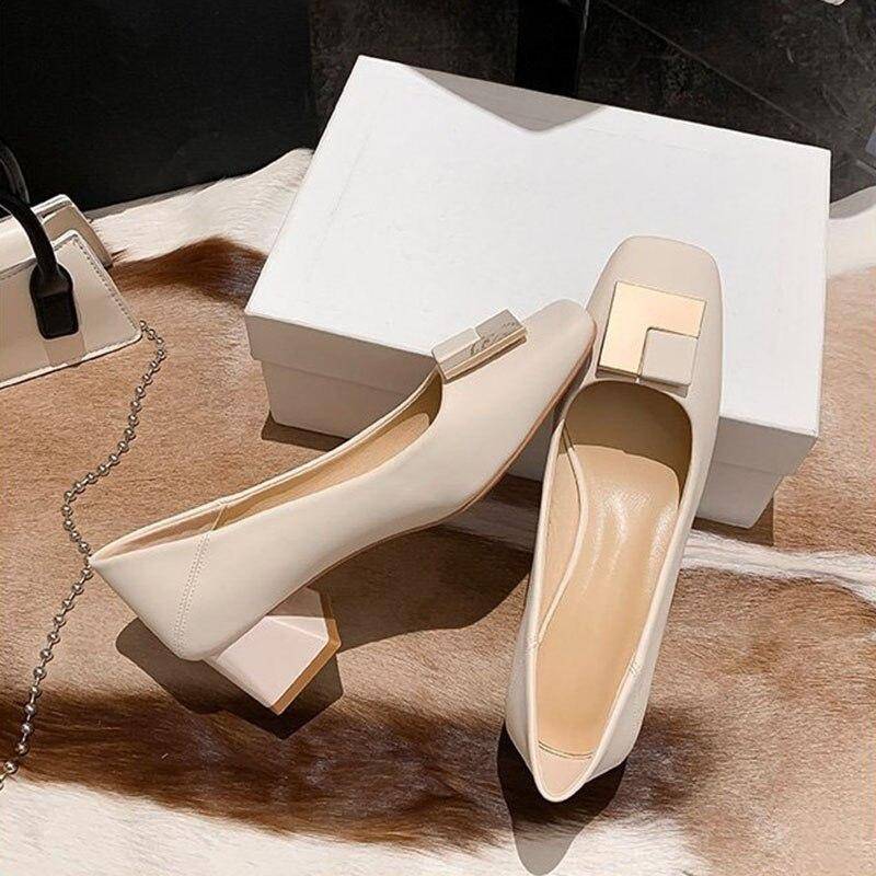 Mode High Heels Frauen Party Schuhe Elegante Büro Dame Schuhe Marke Frauen Mittleren Quadratischen Absatz 4 cm 39 beige von Joom DACH