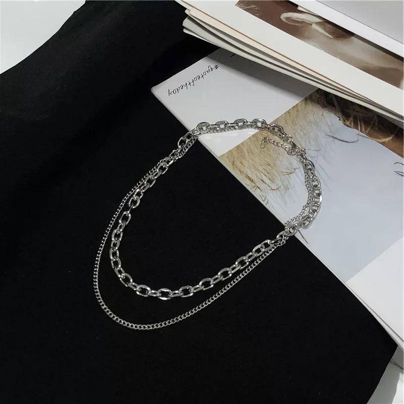 Mode Hip-Hop Titan Stahl Halskette Männer Frauen Doppel Layered Silber Farbe Halskette Hochzeit Schmuck silber von Joom DACH