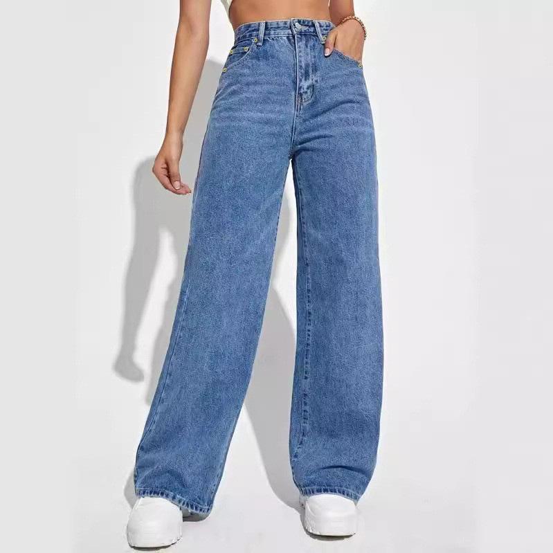 Mode Hohe Taille Gerade Jeans Damen Herbst Blau Lässig Locker Weites Bein Jeanshosen Gestreifte Palazzo-Hose XXL dunkelblaue von Joom DACH
