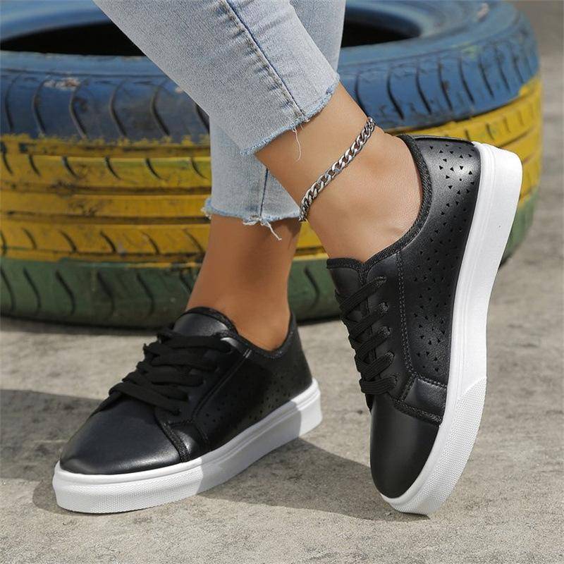 Mode Hollow Out Plateau-Sneakers Frau Herbst Rutschfeste Freizeitschuhe Damen Übergröße PU-Leder Schnürschuhe Flats 43 schwarz von Joom DACH