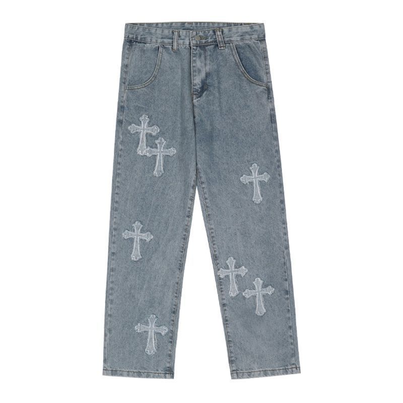 Mode Hosen Cross Denim Hosen Streetwear Hip Hop Low Rise Baggy Jeans für Männer Frauen Cargo Hosen Punk Kleidung L blau von Joom DACH