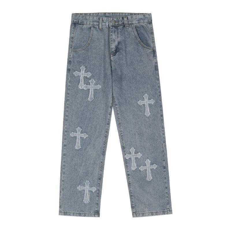 Mode Hosen Cross Denim Hosen Streetwear Hip Hop Low Rise Baggy Jeans für Männer Frauen Cargo Hosen Punk Kleidung L blau von Joom DACH