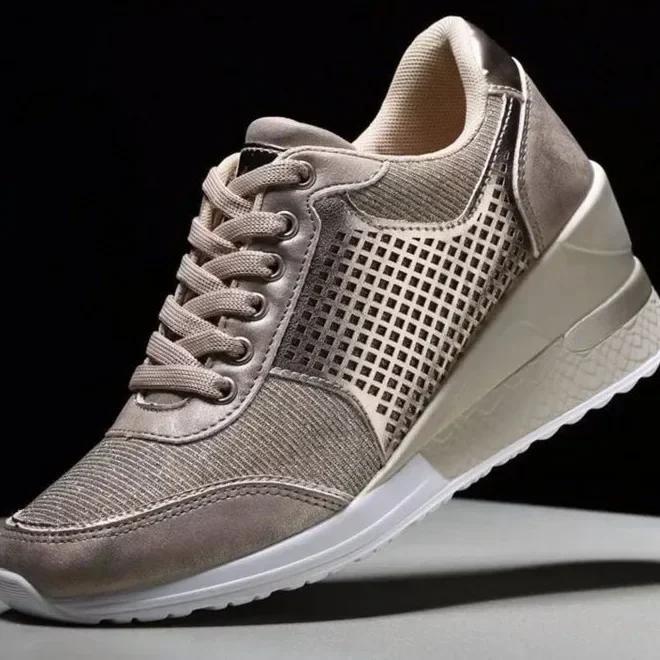 Mode Keilabsatz-Sneakers Mesh Plateau-Schuhe Einfarbig Dicke Sohle Reißverschluss Vulkanisierte Schuhe für Damen Sneakers Zapatos De Mujer 35 gold von Joom DACH