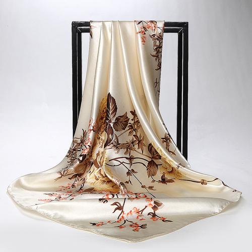 Mode Kopftuch Seide Satin Hijab Schal Für Frauen Blätter Drucken Schal Tasche Schal 90*90 cm Quadratische Tücher und Wraps Hals Schals von Joom DACH