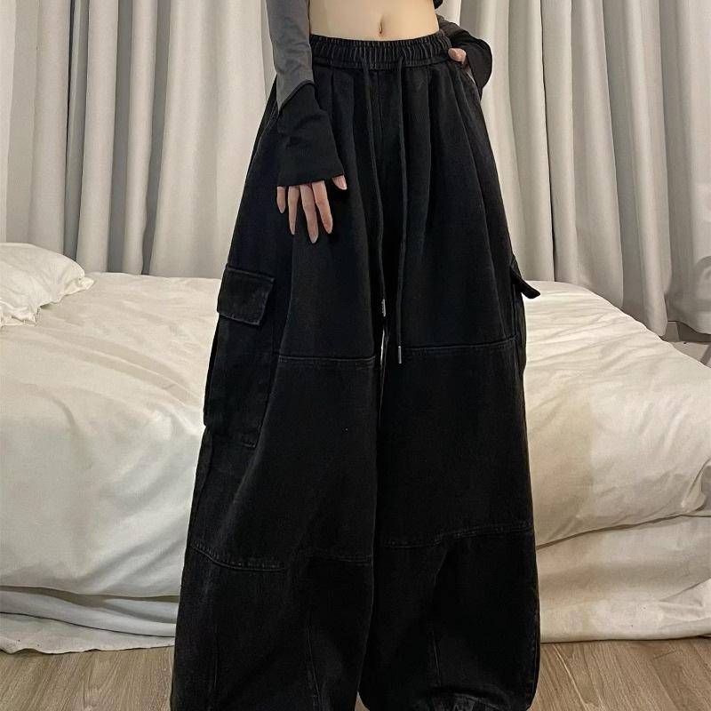 Mode Kordelzug Casual Baggy Cargo Jeans Hosen Frauen Kleidung Gerade Breite Bein Jogginghose Weibliche Hosen L schwarz von Joom DACH