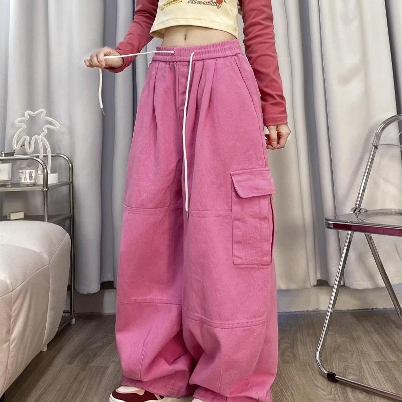 Mode Kordelzug Casual Baggy Cargo Jeans Hosen Frauen Kleidung Gerade Breite Bein Jogginghose Weibliche Hosen XS von Joom DACH