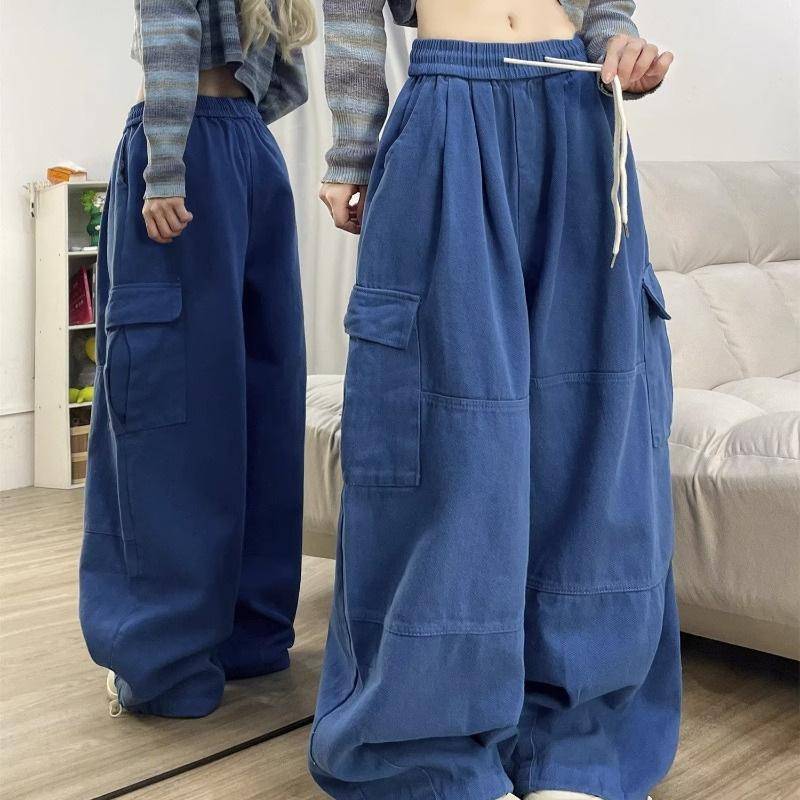Mode Kordelzug Casual Baggy Cargo Jeans Hosen Frauen Kleidung Gerade Breite Bein Jogginghose Weibliche Hosen XXL blau von Joom DACH