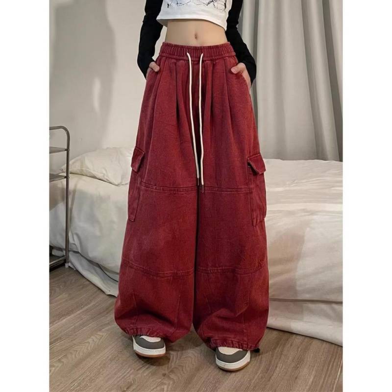 Mode Kordelzug Casual Baggy Cargo Jeans Hosen Frauen Kleidung Gerade Breite Bein Jogginghose Weibliche Hosen XXXXL von Joom DACH