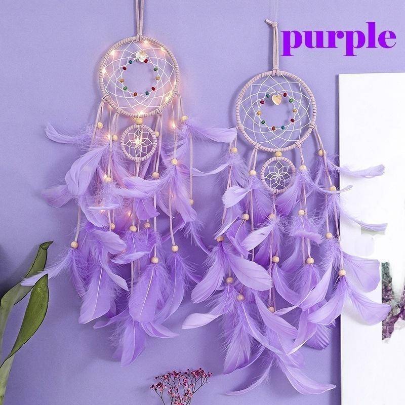 Mode LED Handwerk Beleuchtung Traumfänger Feder Dreamcatcher Mädchen Zimmer Glocke Schlafzimmer Romantische hängende Dekoration Ornament Wolf Dreamcatcher ZPG with light violett von Joom DACH