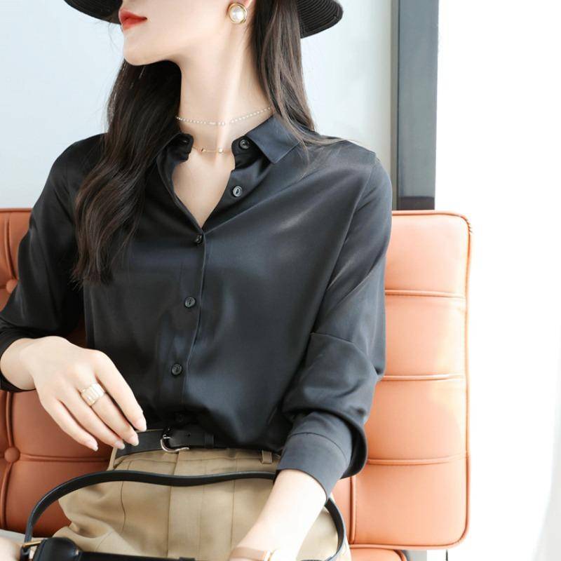 Mode Lässig Büro Damen Satin Hemd Lose Langarm Tops Solide Plus Größe frauen Blusen Elegante Button Up Vintage Einfache Weibliche Shirts 25678 M von Joom DACH