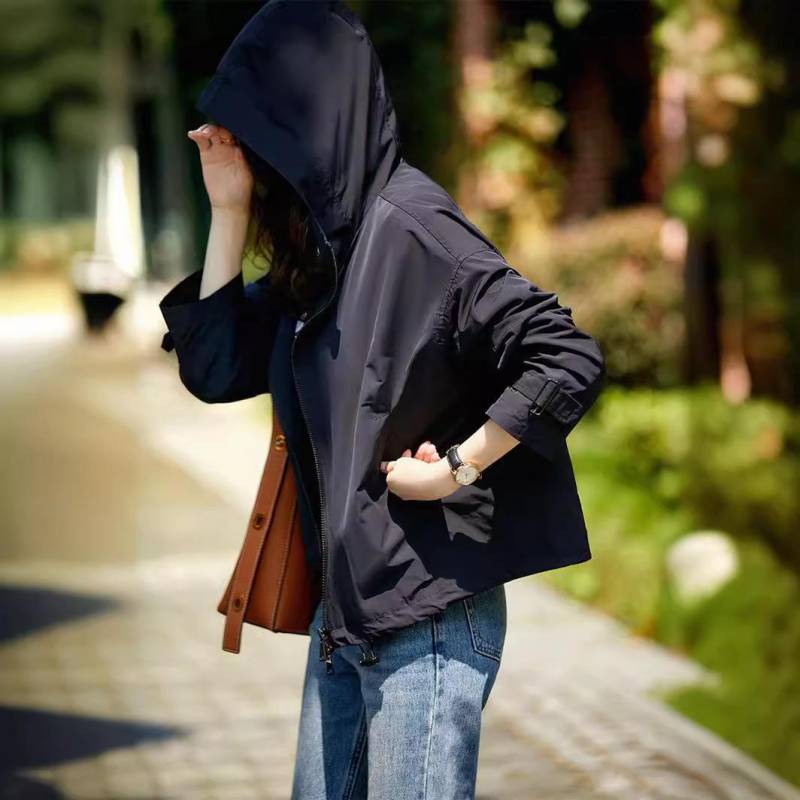 Mode Lässige Kapuzenjacke Jacke Damen Frühling Neu Vielseitig Einfarbig Kurz Reißverschluss Trenchcoat 3XL dunkelblau von Joom DACH