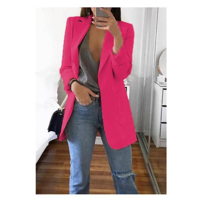 Mode Lässiger Revers Langarm Strickjacke Damen Anzugjacke Übergröße Slim Fit Frühling und Herbst Anzugkragen Elegant Büro Lange Mäntel Einfarbig Kleidung 3XL rot von Joom DACH