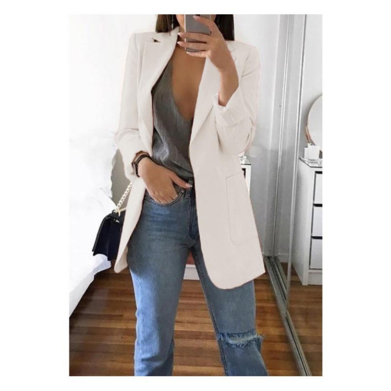 Mode Lässiger Revers Langarm Strickjacke Damen Anzugjacke Übergröße Slim Fit Frühling und Herbst Anzugkragen Elegant Büro Lange Mäntel Einfarbig Kleidung 3XL weiß von Joom DACH