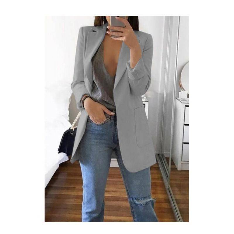 Mode Lässiger Revers Langarm Strickjacke Damen Anzugjacke Übergröße Slim Fit Frühling und Herbst Anzugkragen Elegant Büro Lange Mäntel Einfarbig Kleidung 3XL licht grau von Joom DACH