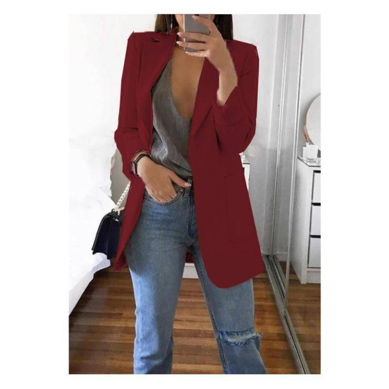Mode Lässiger Revers Langarm Strickjacke Damen Anzugjacke Übergröße Slim Fit Frühling und Herbst Anzugkragen Elegant Büro Lange Mäntel Einfarbig Kleidung 4XL bordeaux von Joom DACH