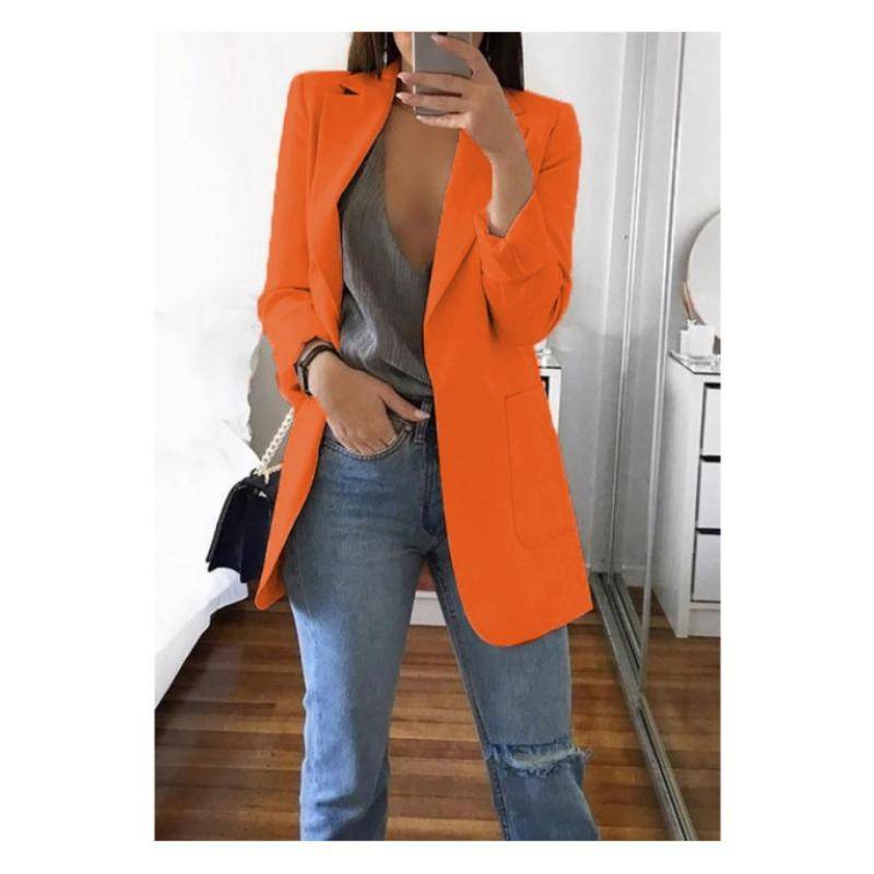 Mode Lässiger Revers Langarm Strickjacke Damen Anzugjacke Übergröße Slim Fit Frühling und Herbst Anzugkragen Elegant Büro Lange Mäntel Einfarbig Kleidung 5XL orange von Joom DACH