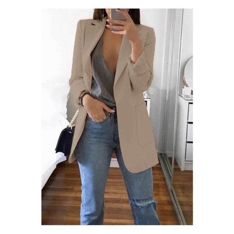 Mode Lässiger Revers Langarm Strickjacke Damen Anzugjacke Übergröße Slim Fit Frühling und Herbst Anzugkragen Elegant Büro Lange Mäntel Einfarbig Kleidung 5XL khaki von Joom DACH