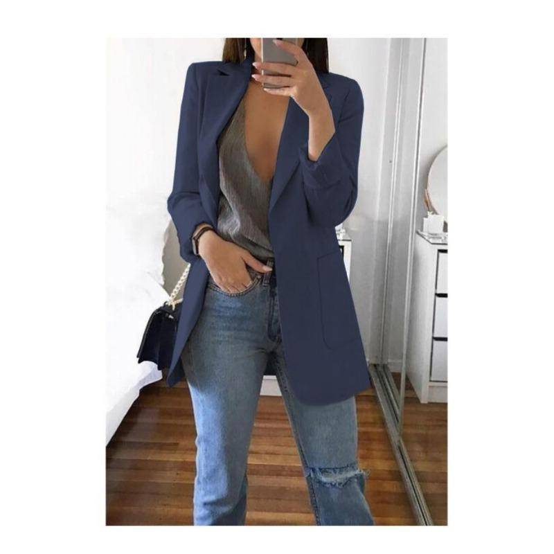 Mode Lässiger Revers Langarm Strickjacke Damen Anzugjacke Übergröße Slim Fit Frühling und Herbst Anzugkragen Elegant Büro Lange Mäntel Einfarbig Kleidung 5XL navy blau von Joom DACH