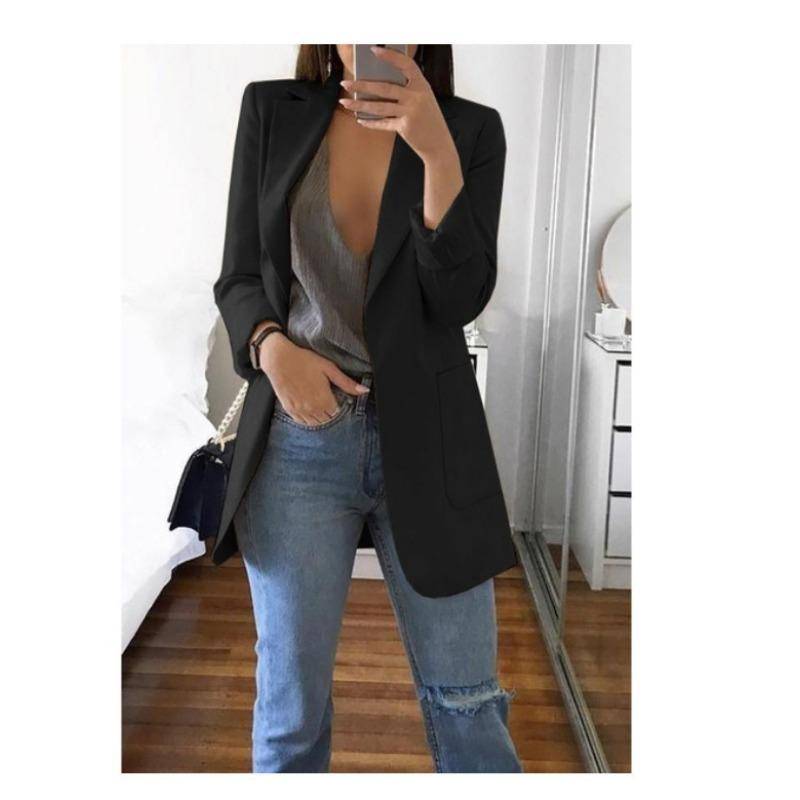Mode Lässiger Revers Langarm Strickjacke Damen Anzugjacke Übergröße Slim Fit Frühling und Herbst Anzugkragen Elegant Büro Lange Mäntel Einfarbig Kleidung L schwarz von Joom DACH