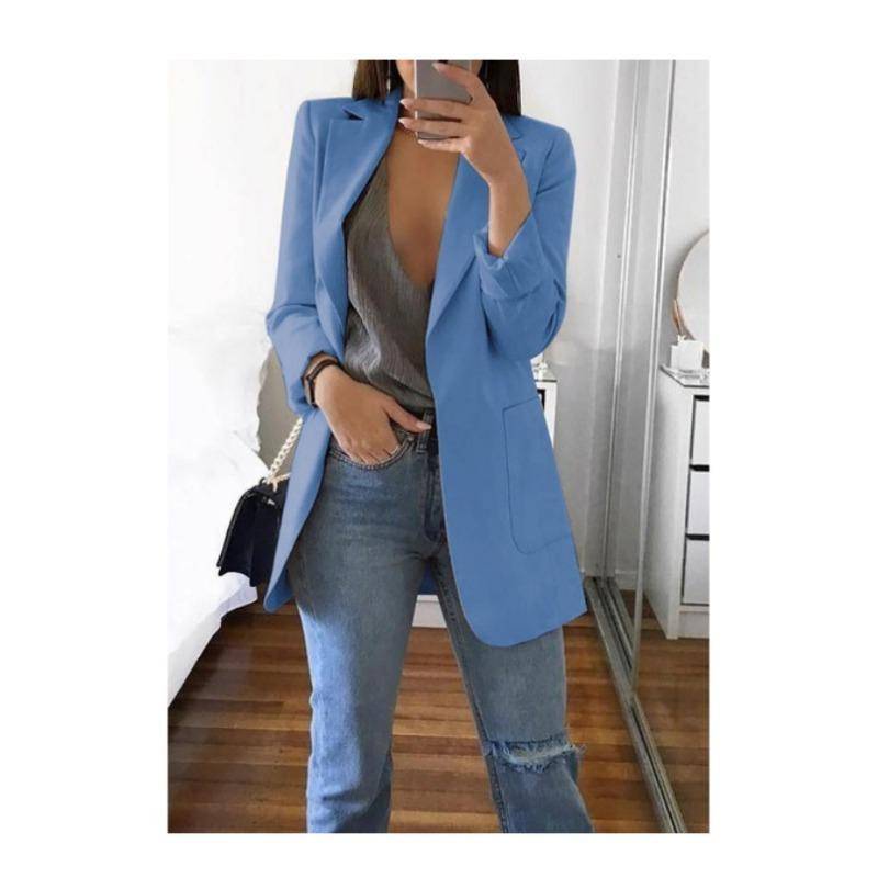 Mode Lässiger Revers Langarm Strickjacke Damen Anzugjacke Übergröße Slim Fit Frühling und Herbst Anzugkragen Elegant Büro Lange Mäntel Einfarbig Kleidung L von Joom DACH