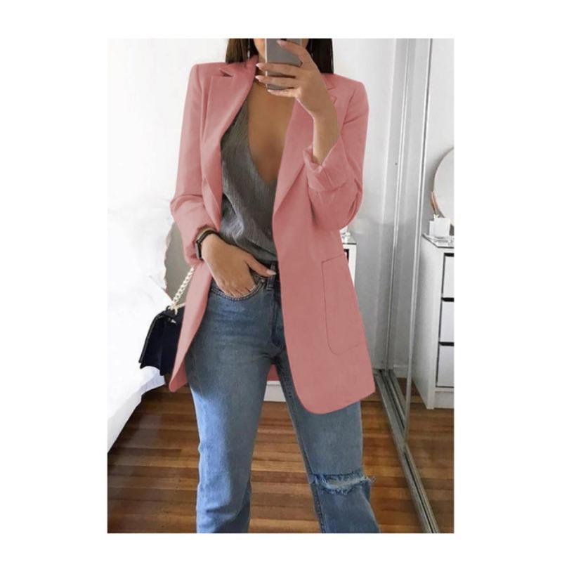 Mode Lässiger Revers Langarm Strickjacke Damen Anzugjacke Übergröße Slim Fit Frühling und Herbst Anzugkragen Elegant Büro Lange Mäntel Einfarbig Kleidung XL von Joom DACH