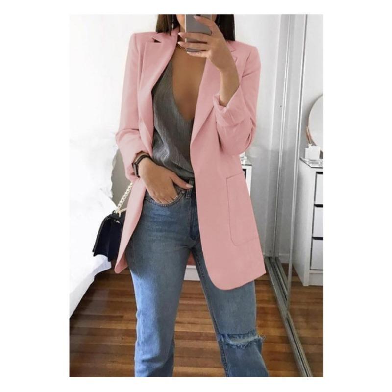 Mode Lässiger Revers Langarm Strickjacke Damen Anzugjacke Übergröße Slim Fit Frühling und Herbst Anzugkragen Elegant Büro Lange Mäntel Einfarbig Kleidung XL rosa von Joom DACH