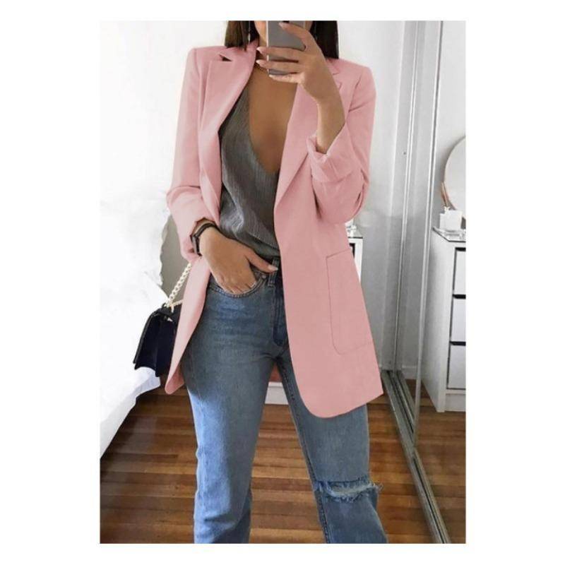 Mode Lässiger Revers Langarm Strickjacke Damen Anzugjacke Übergröße Slim Fit Frühling und Herbst Anzugkragen Elegant Büro Lange Mäntel Einfarbig Kleidung XL rosa von Joom DACH