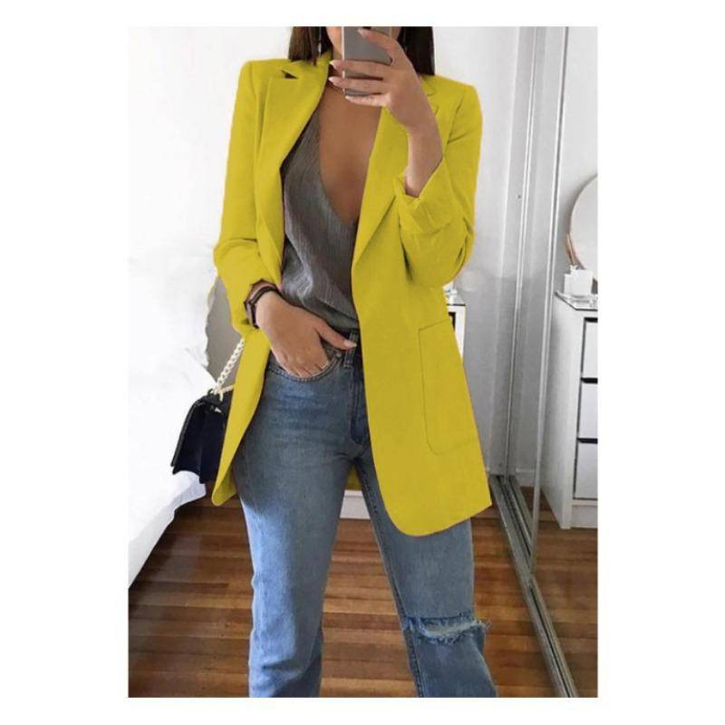 Mode Lässiger Revers Langarm Strickjacke Damen Anzugjacke Übergröße Slim Fit Frühling und Herbst Anzugkragen Elegant Büro Lange Mäntel Einfarbig Kleidung XL gelb von Joom DACH