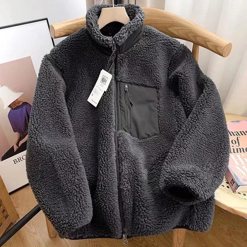 Mode Lamm Plüsch Jacke Frauen Fleece Flauschige Jacke Streetwear Harajuku Fuzzy Taschen Mäntel Reißverschluss Langarm Lose Stehkragen Komfort warme Jacken M von Joom DACH