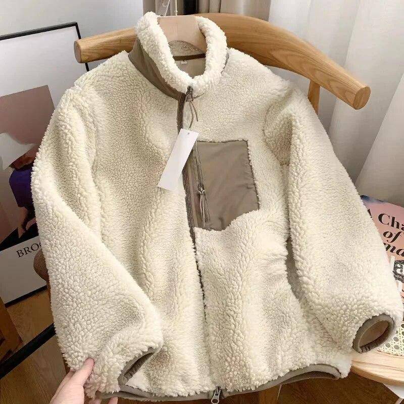 Mode Lamm Plüsch Jacke Frauen Fleece Flauschige Jacke Streetwear Harajuku Fuzzy Taschen Mäntel Reißverschluss Langarm Lose Stehkragen Komfort warme Jacken M von Joom DACH