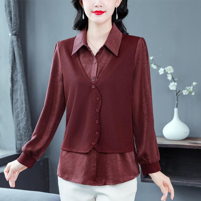 Mode Langarm-Shirt Damen Herbst Stil Mutter Ausländischen Stil Draußen Tragen Bottoming Shirt Top POLO Gefälschte Zwei-stück Shirt M bordeaux von Joom DACH