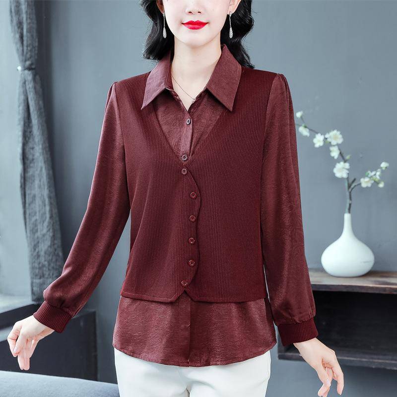 Mode Langarm-Shirt Damen Herbst Stil Mutter Ausländischen Stil Draußen Tragen Bottoming Shirt Top POLO Gefälschte Zwei-stück Shirt M bordeaux von Joom DACH