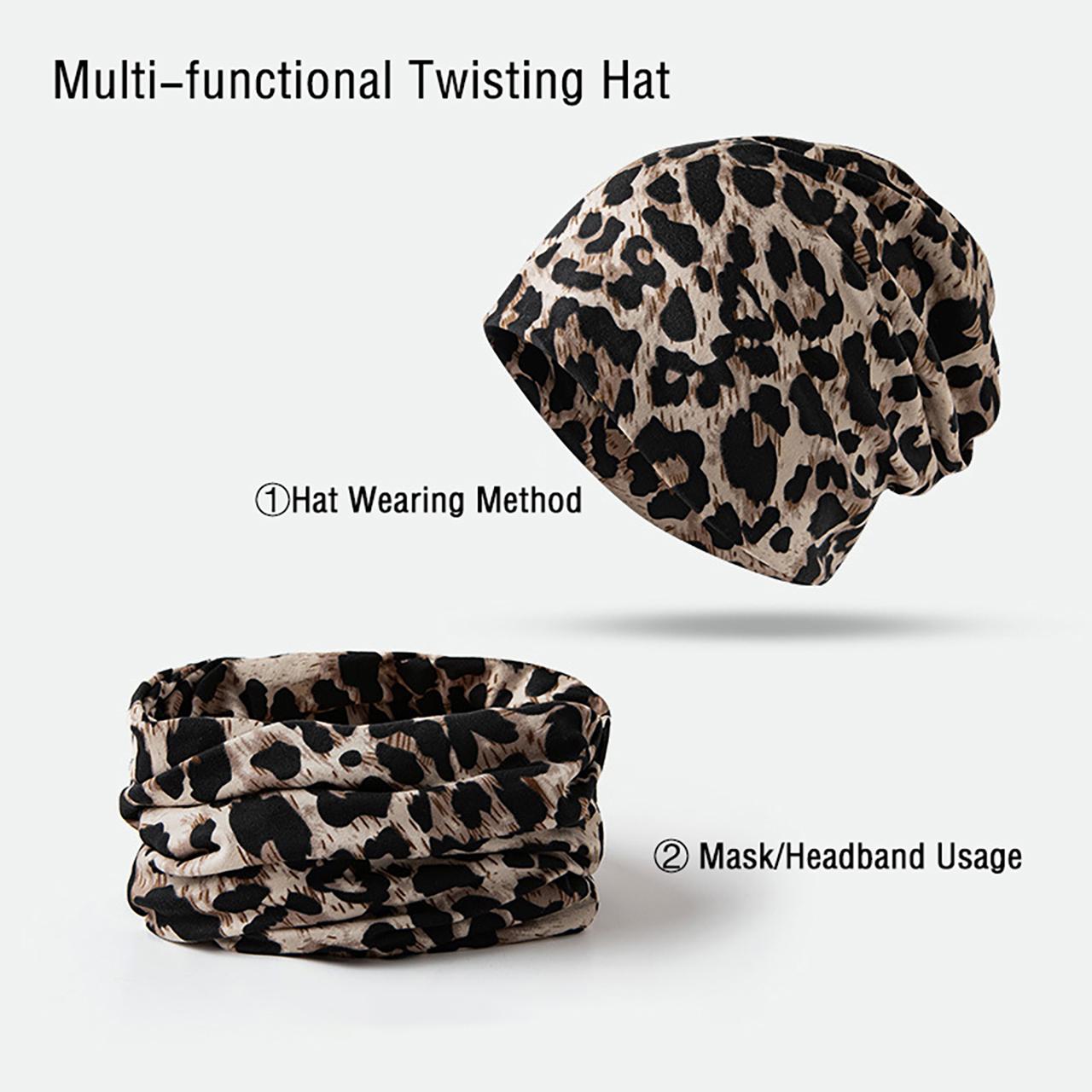 Mode Leopard Mütze für Damen Vintage Gestrickt Warm Dual-Use Skullcap Snood Lässig Reiten Winddicht Pullover Mütze khaki von Joom DACH