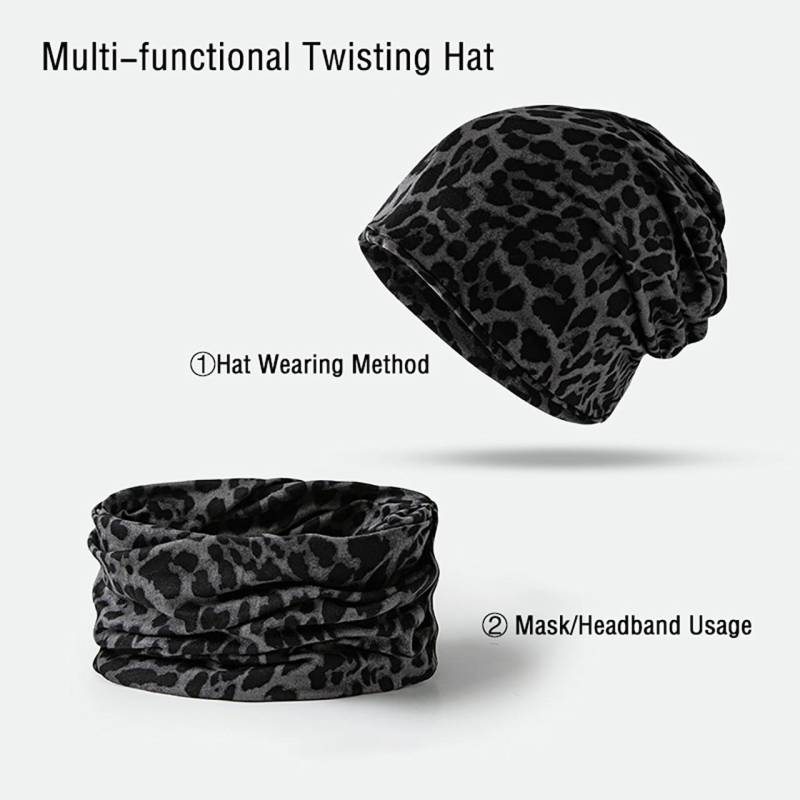 Mode Leopard Mütze für Damen Vintage Gestrickt Warm Dual-Use Skullcap Snood Lässig Reiten Winddicht Pullover Mütze graue von Joom DACH