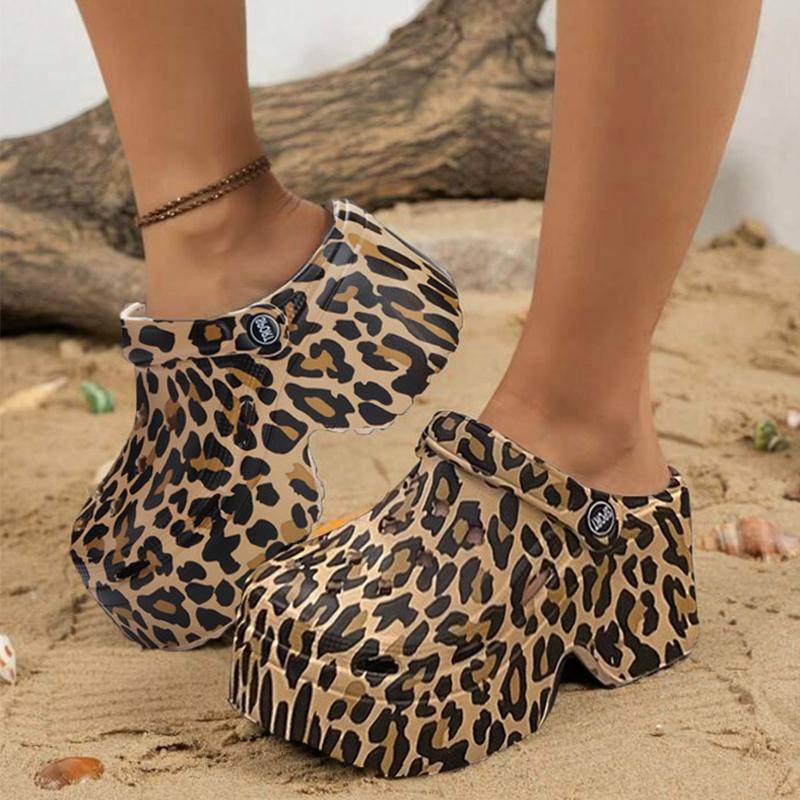 Mode Leopard Plattform Clogs für Frauen Closed Toe Chunky High Heel Sandalen Frau Neue Sommer Straße Strand Slides Mädchen Mode Hausschuhe 35-36(Foot22.5cm) Leo-Print von Joom DACH