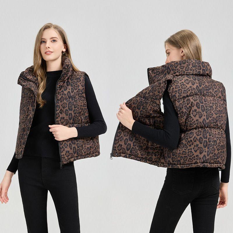 Mode Leopardenmuster Kurze Weste Stehkragen Warm Ärmellose Jacke Damen Oberbekleidung Herbst Winter XXL dunkelbraune von Joom DACH