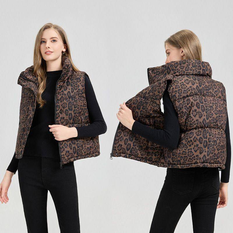 Mode Leopardenmuster Kurze Weste Stehkragen Warm Ärmellose Jacke Damen Oberbekleidung Herbst Winter XXL dunkelbraune von Joom DACH