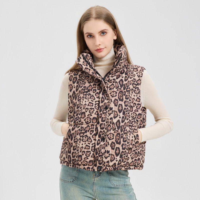 Mode Leopardenmuster Kurze Weste Stehkragen Warm Ärmellose Jacke Damen Oberbekleidung Herbst Winter XXL khaki von Joom DACH