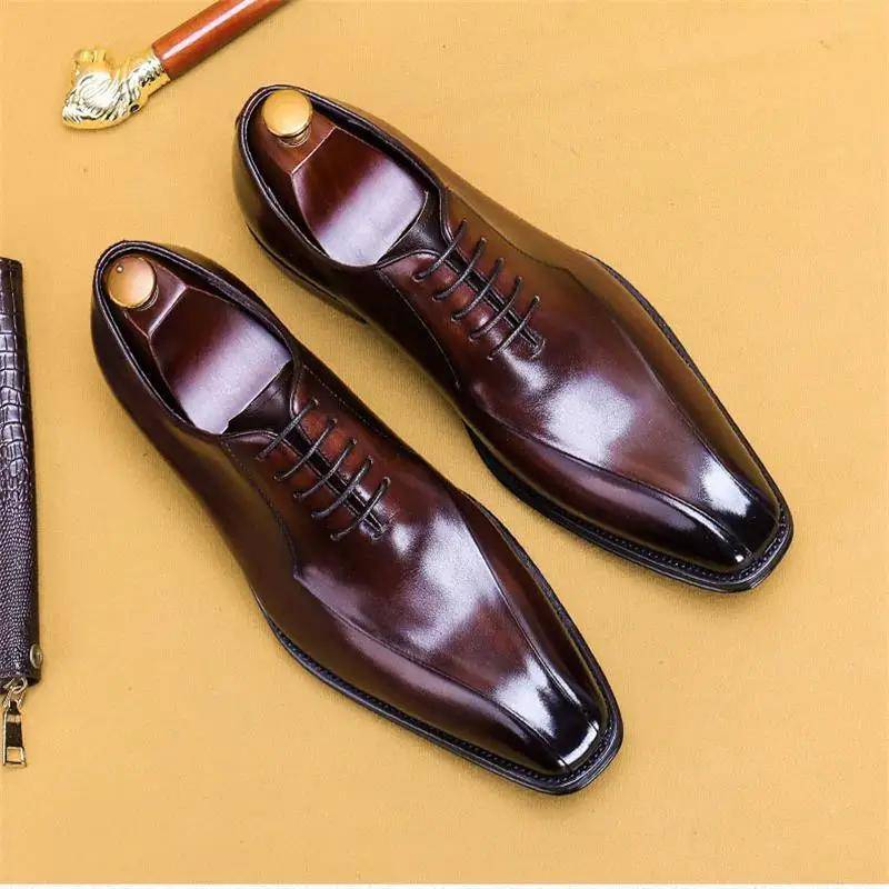 Mode Luxus Echtes Leder Formale Square Head Oxford Schuhe Für Männer Hochzeit Büro Britischen Business Kleid Handgemachte Rindsleder Schuhe 46 kaffeebraun von Joom DACH