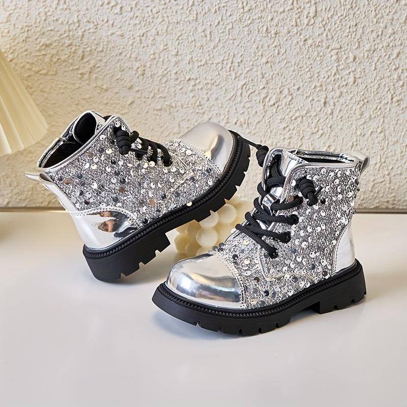 Mode Mädchen Glitzer Stiefeletten Winter Seitenreißverschluss Kurze Stiefel 36 silber von Joom DACH
