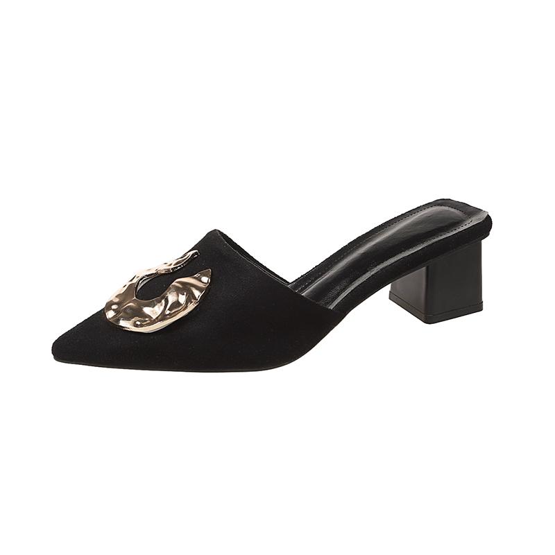 Mode Mid Heels Hausschuhe Spitzschuh Sandalen Elegante Slingback Pumps Frauen Schuhe Chunky Neue Party Trend Zapatillas Mujer 37 schwarz von Joom DACH