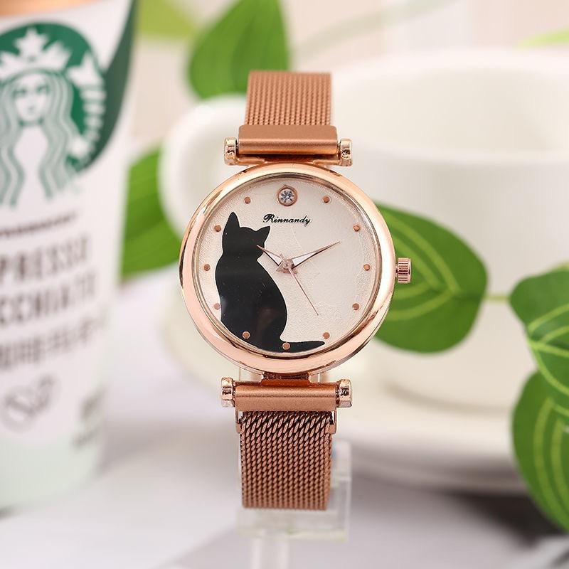 Mode Nette Katze Zifferblatt Gold Farbe Quarzuhr Frauen Mesh Gürtel Casual Armbanduhr Schmuck Geschenke rose gold von Joom DACH
