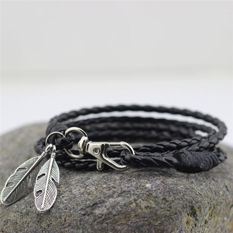 Mode Neue Armreifen Männer Schmuck Zubehör PU Leder Feder Charm Armbänder schwarz von Joom DACH