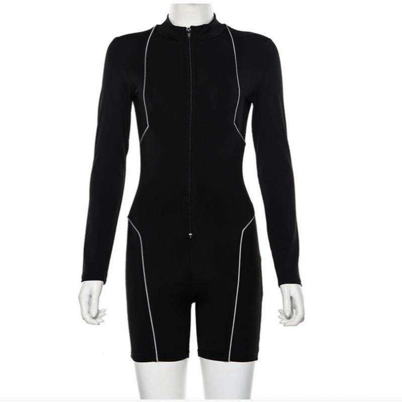 Mode Neue Spleißen Langarm Reißverschluss Casual Overall für Frauen Elegante Enge Slim Fit Solide Strampler Frauen Overall Einfache Sport Yoga Outfits 25830 S schwarz von Joom DACH