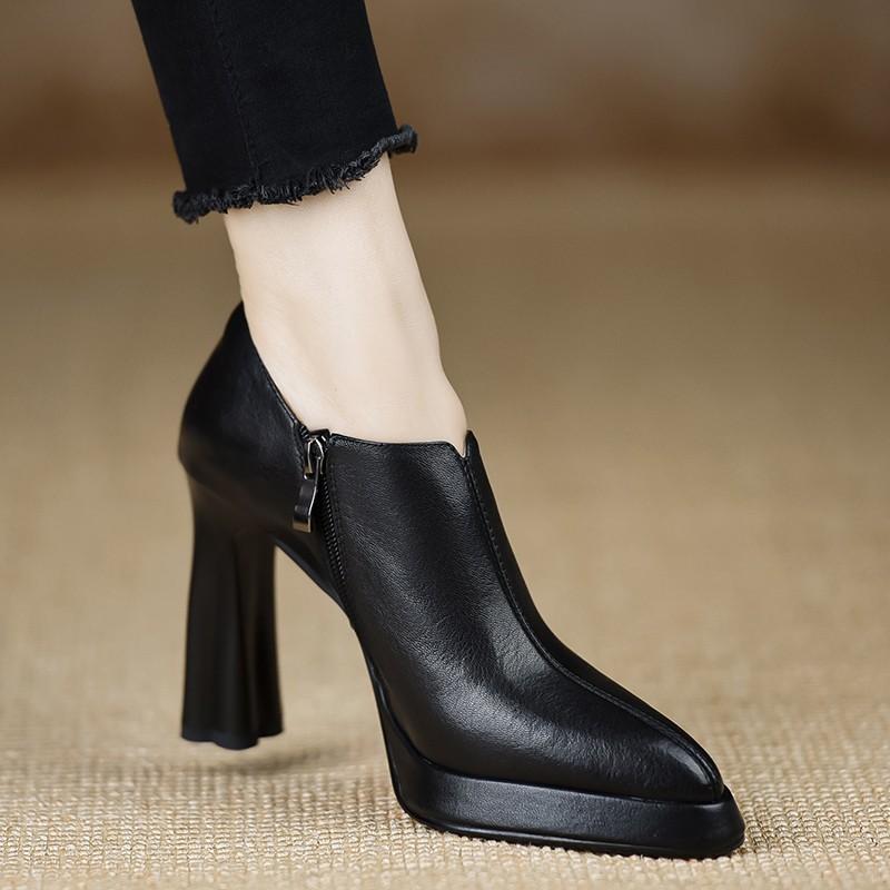 Mode Neue Weiches Leder Damen Pumps Stiefeletten Plateau Frühling Herbst Spitzschuh Hohe Absätze Schuhe Schwarz Braun Dick Absatz Einzelner Schuh 38 schwarz von Joom DACH