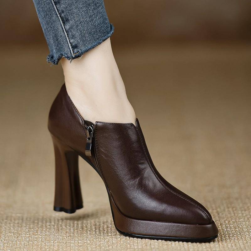 Mode Neue Weiches Leder Damen Pumps Stiefeletten Plateau Frühling Herbst Spitzschuh Hohe Absätze Schuhe Schwarz Braun Dick Absatz Einzelner Schuh 39 braun von Joom DACH