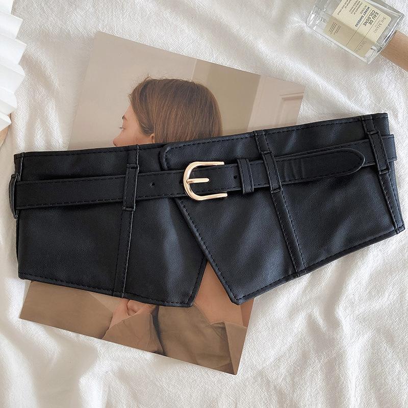 Mode PU Leder Breiter Gürtel Korsett Dame Frauen Schwarz Schlanke Körper Front Zipper Bandage Bund Elastische Decor Kleid Anzug Riemen schwarz von Joom DACH