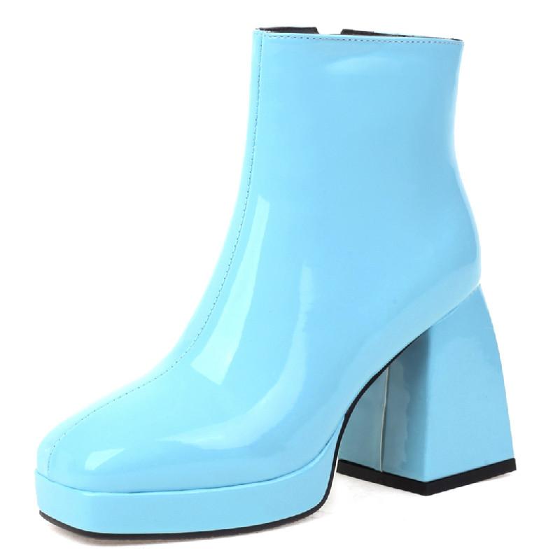 Mode Patent Damen Stiefeletten Rot Weiß Schwarz Blockabsatz Kurze Stiefel Damen Reißverschluss Herbst Winter Party Schuhe Damen Große Größe 45 40 himmelblaue von Joom DACH